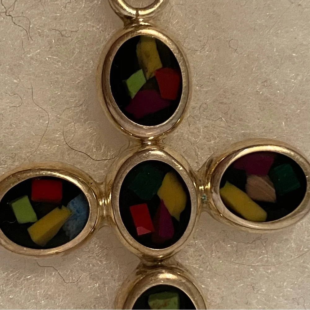 ATI 925 STERLING SILVER MULTI COLOR INLAY CROSS PENDANT BLACK 13.2g CHARM